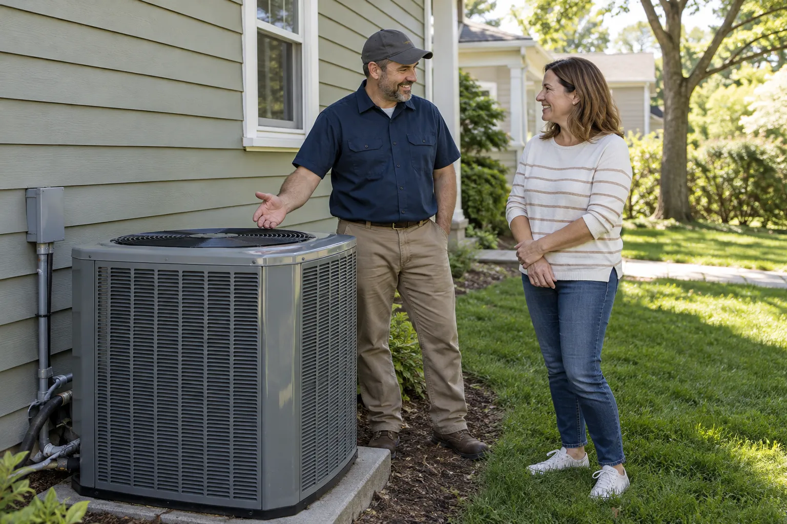 A provider reviewing a new outdoor air conditioner with a homeowner at a frame house near Schaumburg