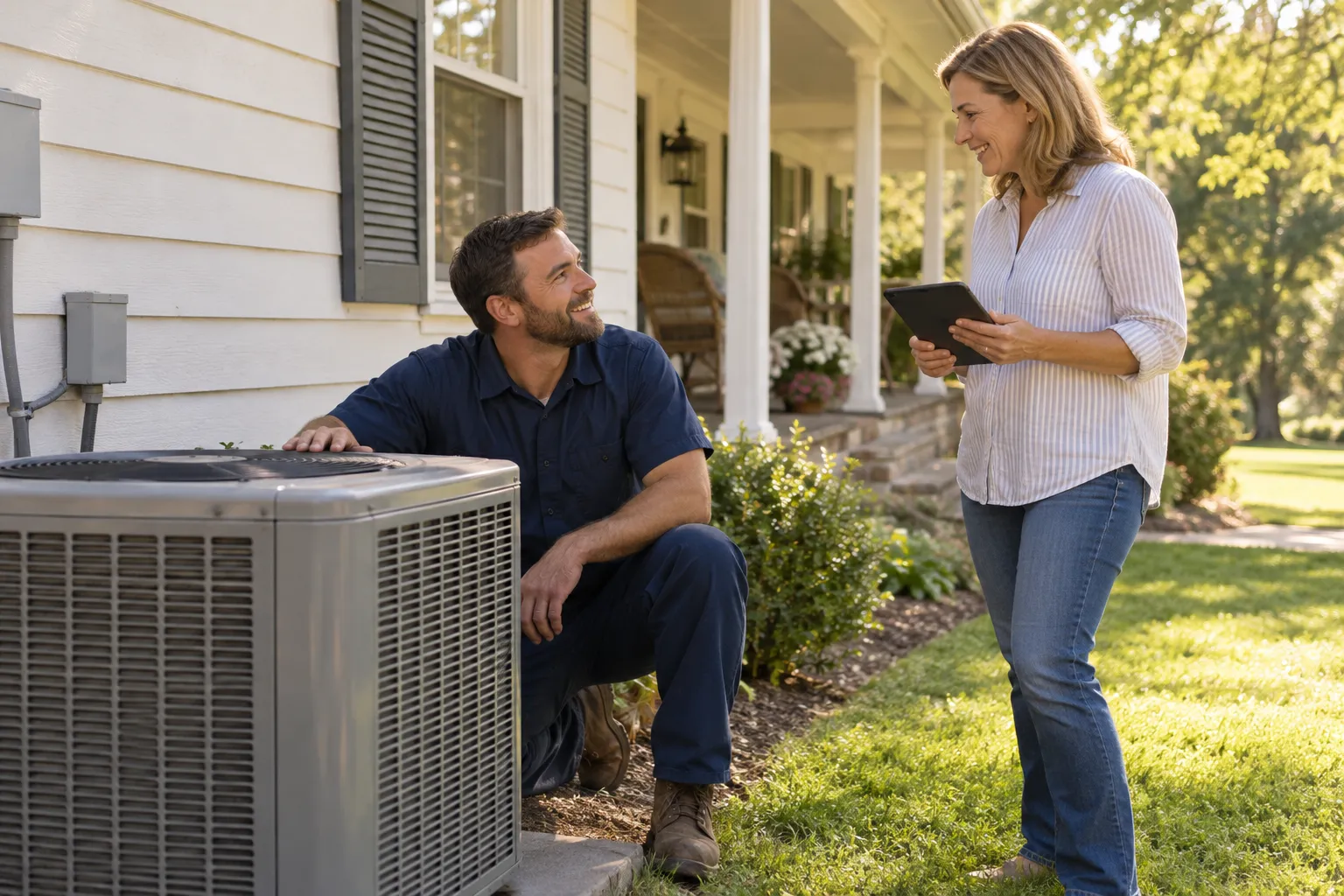 A friendly local HVAC provider checking an outdoor air conditioner beside a older home in the Schaumburg area