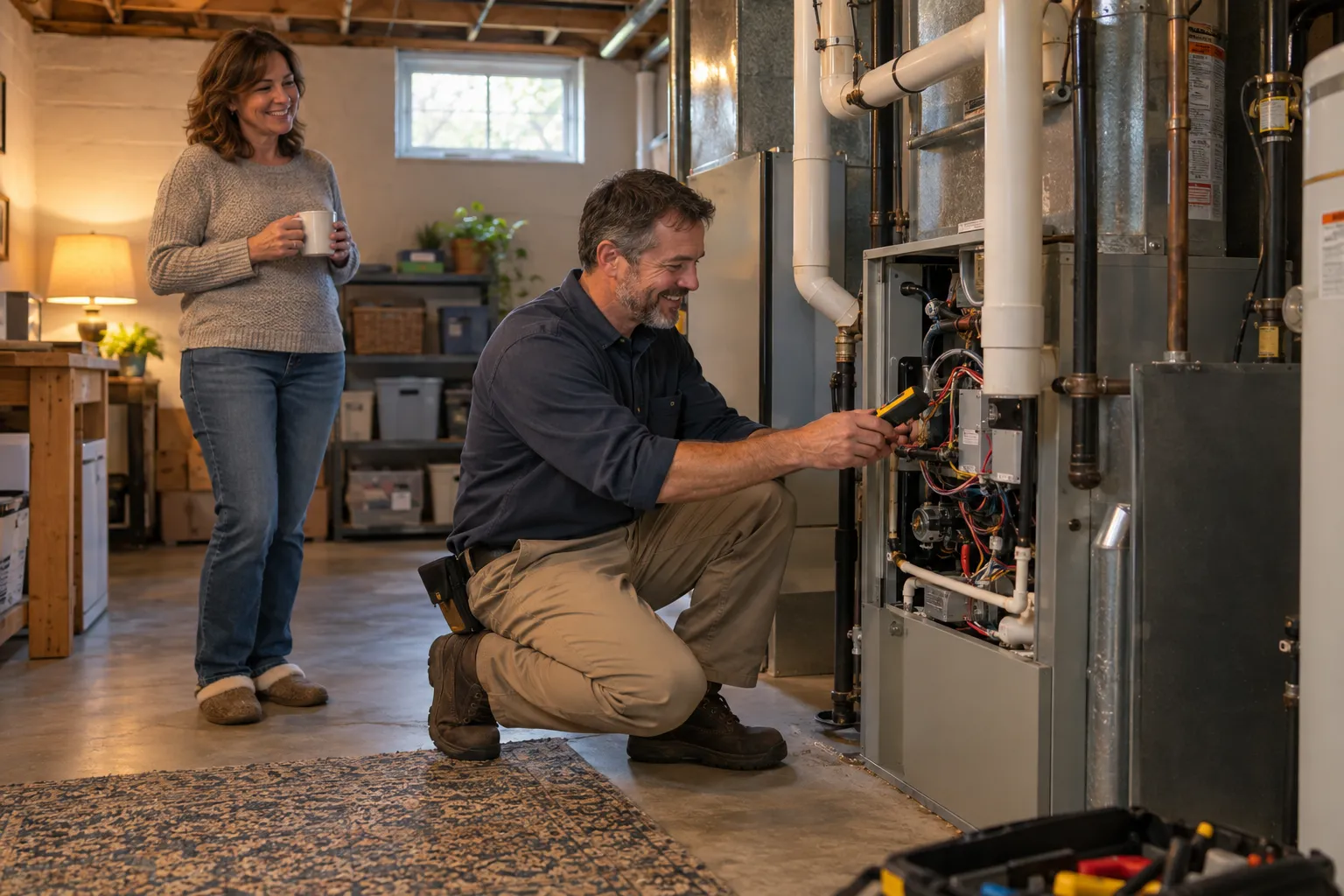 A friendly local HVAC provider checking a furnace in a home basement in the Schaumburg area